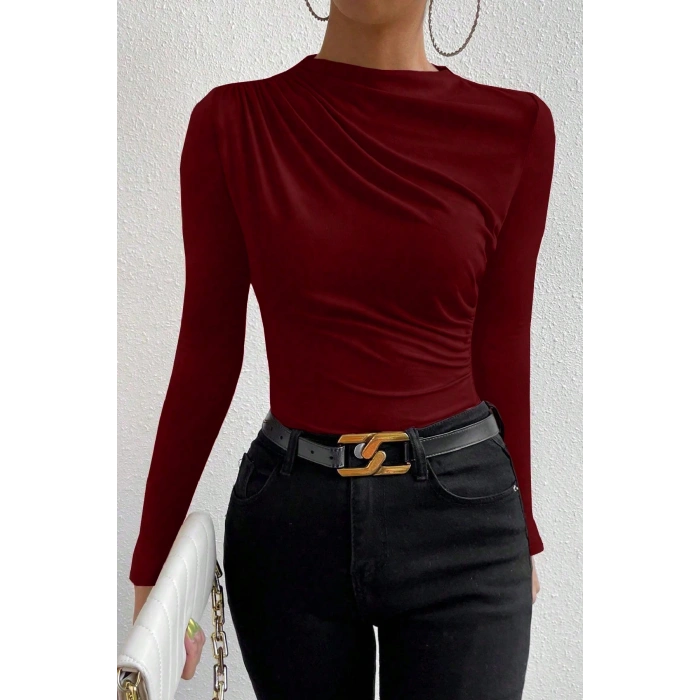 MARSiLYAN- Kadın Bordo Belden ve Boyundan Büzgü Detaylı Uzun Kollu Bluz