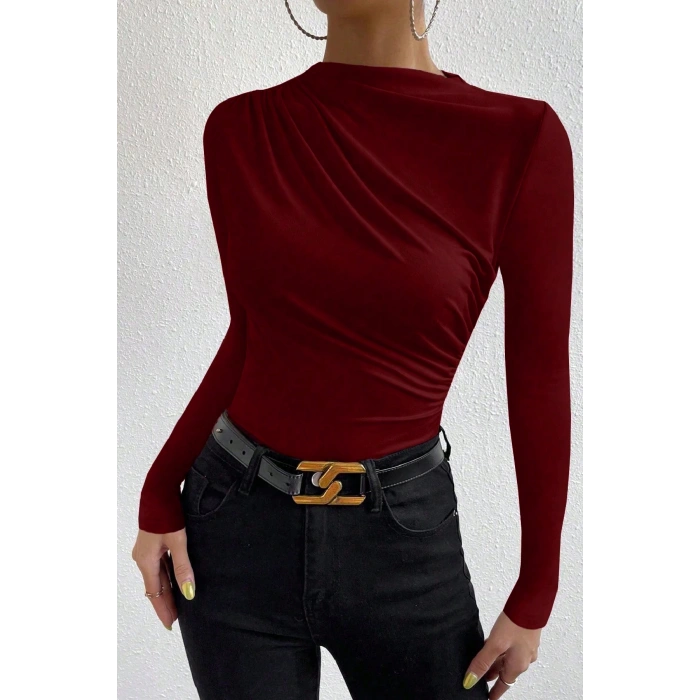 MARSiLYAN- Kadın Bordo Belden ve Boyundan Büzgü Detaylı Uzun Kollu Bluz