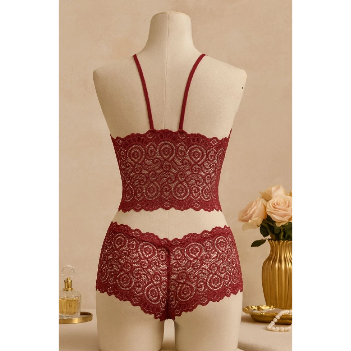 MARSiLYAN- Kadın Bordo Dantel Bralet Şort Takımı – Asil ve Sofistike İç Giyim