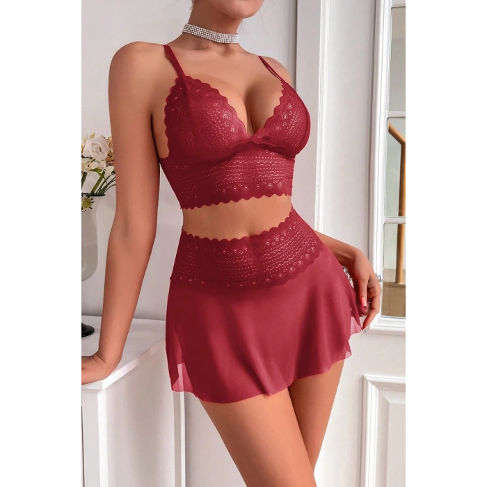 MARSiLYAN- Kadın Bordo Dantel ve Tül Detaylı Etekli Şık Gecelik Takımı