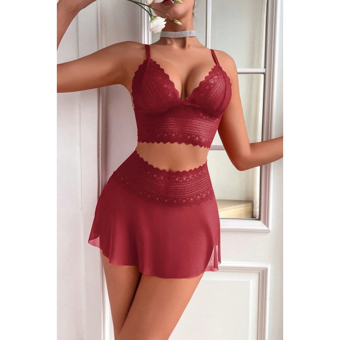 MARSiLYAN- Kadın Bordo Dantel ve Tül Detaylı Etekli Şık Gecelik Takımı