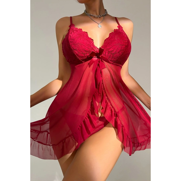 MARSiLYAN- Kadın Bordo Dantelli, Fırfırlı Tül ve Fiyonk Detaylı Tangalı Gecelik Takımı