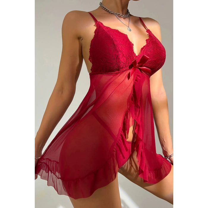 MARSiLYAN- Kadın Bordo Dantelli, Fırfırlı Tül ve Fiyonk Detaylı Tangalı Gecelik Takımı