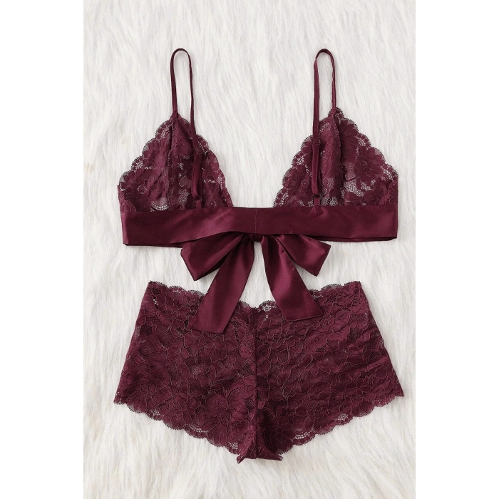 MARSiLYAN- Kadın Bordo Dantelli & Kurdelalı Sütyen Külot Takımı