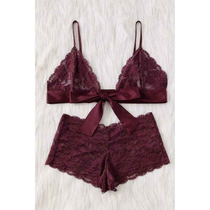 MARSiLYAN- Kadın Bordo Dantelli & Kurdelalı Sütyen Külot Takımı