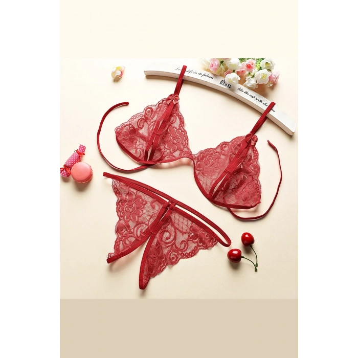 MARSiLYAN- Kadın Bordo Dantelli Sütyen Külot Takımı