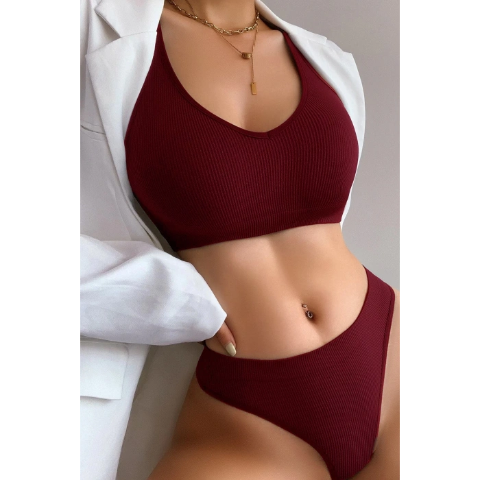 MARSiLYAN- Kadın Bordo Desteksiz Seamless Tangalı İç Çamaşır Takımı