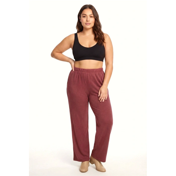 MARSiLYAN- Kadın Bordo Dokulu Büyük Beden Cepli Pijama Altı Rahat Kesim Yumuşak Kumaş Ev Giyim Alt