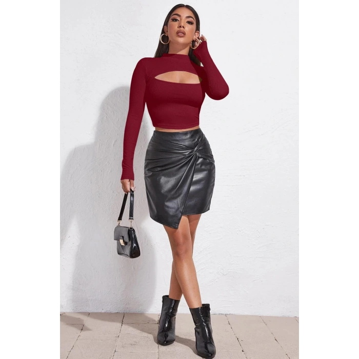MARSiLYAN- Kadın Bordo Göğüs Dekolteli Uzun Kollu Cut Out Crop Top Bluz