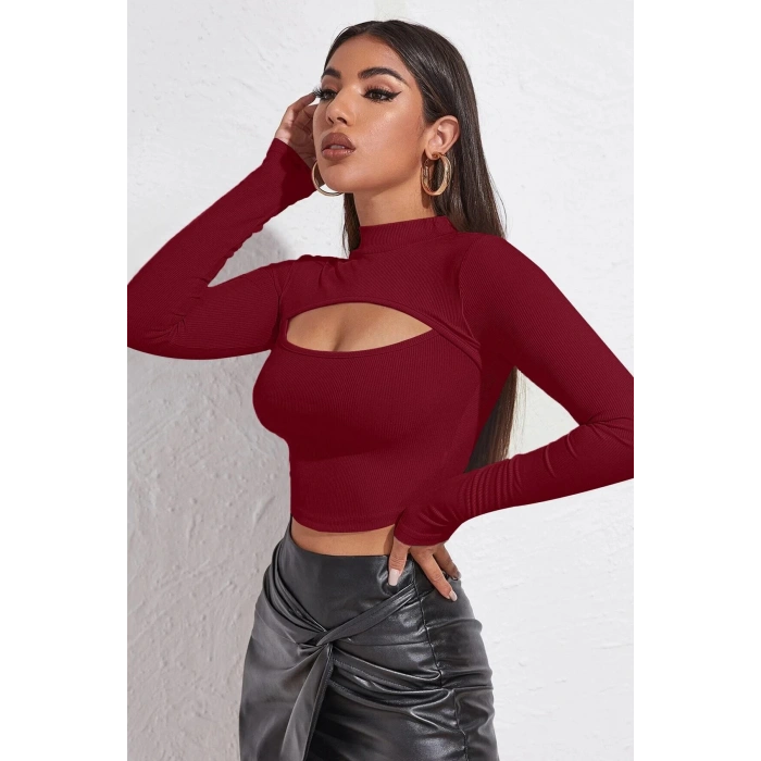 MARSiLYAN- Kadın Bordo Göğüs Dekolteli Uzun Kollu Cut Out Crop Top Bluz