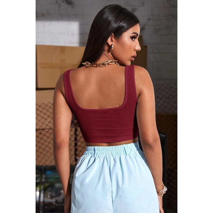 MARSiLYAN- Kadın Bordo Kalın Askılı Crop Top Büstiyer