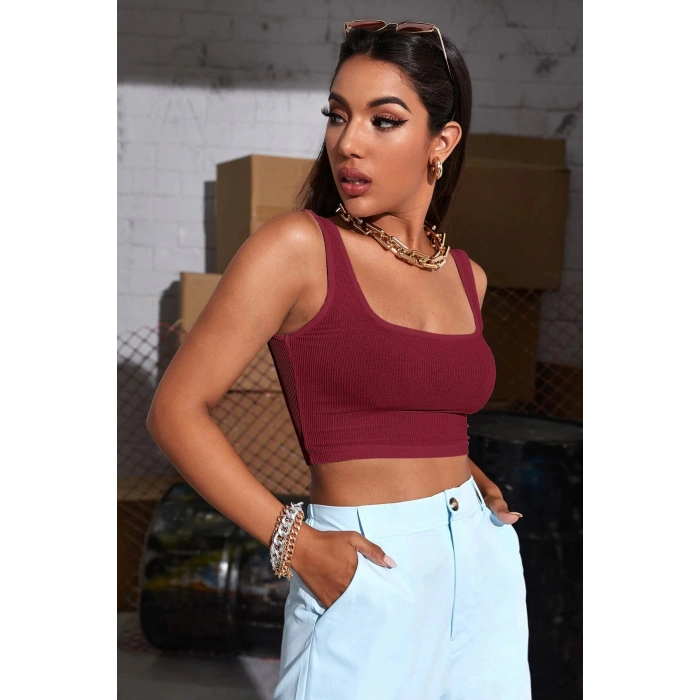 MARSiLYAN- Kadın Bordo Kalın Askılı Crop Top Büstiyer