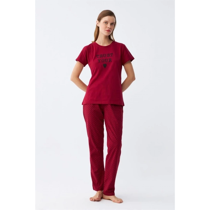 MARSiLYAN- Kadın Bordo Kalp Desenli Kısa Kollu Penye Pijama Takımı