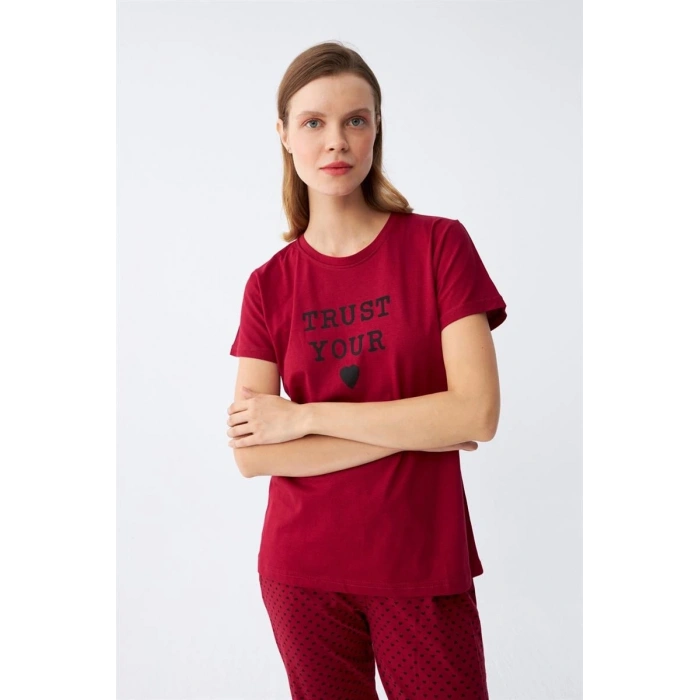 MARSiLYAN- Kadın Bordo Kalp Desenli Kısa Kollu Penye Pijama Takımı