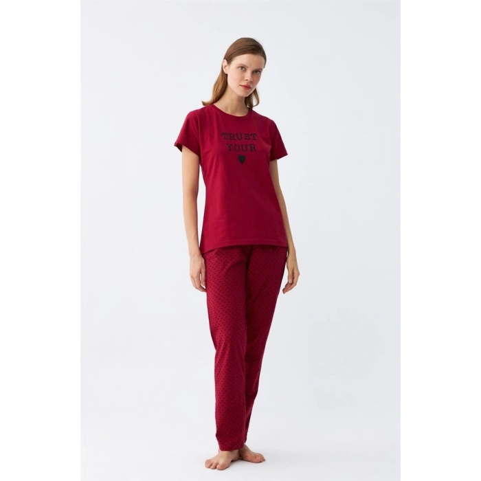MARSiLYAN- Kadın Bordo Kalp Desenli Kısa Kollu Penye Pijama Takımı