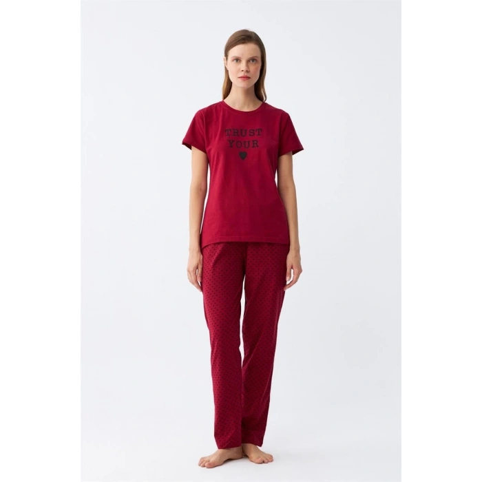 MARSiLYAN- Kadın Bordo Kalp Desenli Kısa Kollu Penye Pijama Takımı