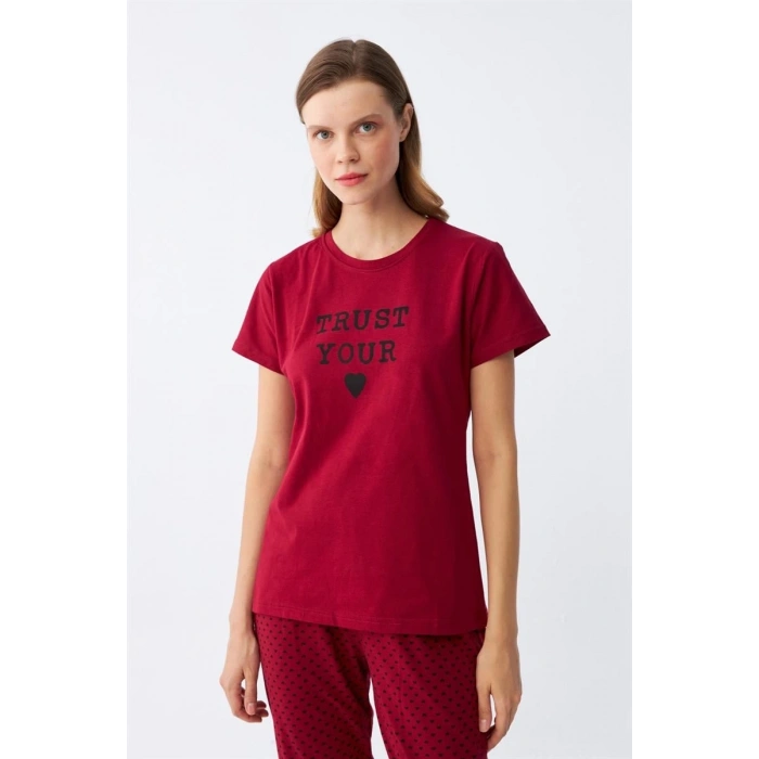 MARSiLYAN- Kadın Bordo Kalp Desenli Kısa Kollu Penye Pijama Takımı