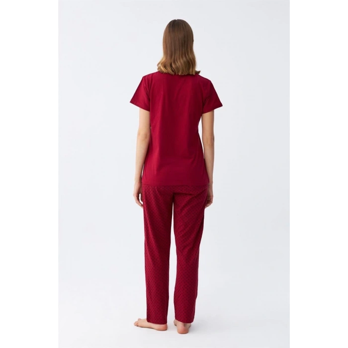 MARSiLYAN- Kadın Bordo Kalp Desenli Kısa Kollu Penye Pijama Takımı