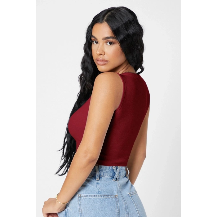 MARSiLYAN- Kadın Bordo Kare Yaka Crop Top Bluz