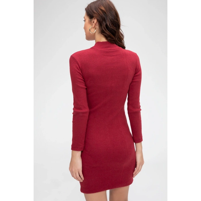 MARSiLYAN- Kadın Bordo Kaşkorse Balıkçı Yaka Uzun Kollu Bodycon Mini Elbise