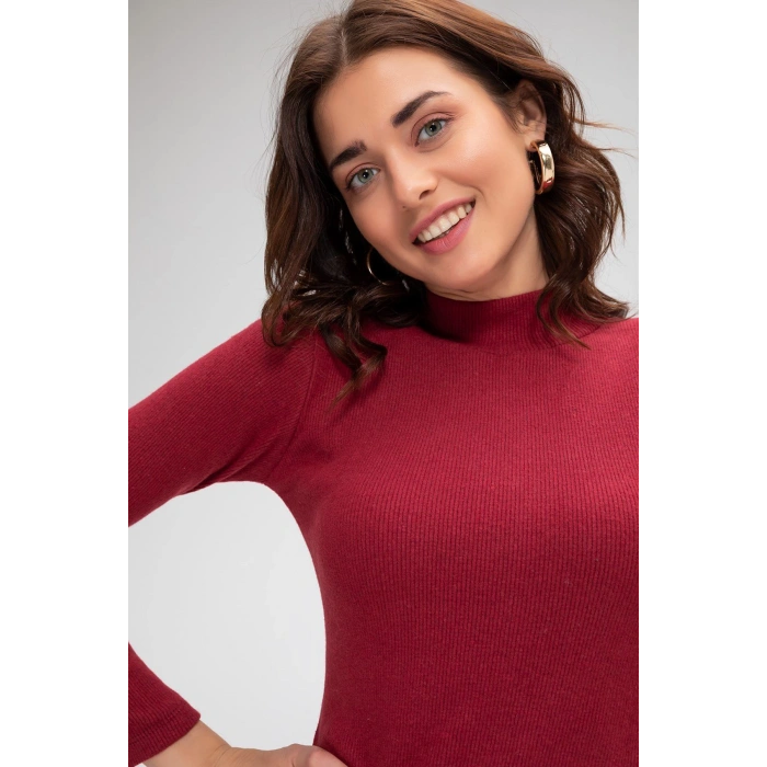 MARSiLYAN- Kadın Bordo Kaşkorse Balıkçı Yaka Uzun Kollu Bodycon Mini Elbise