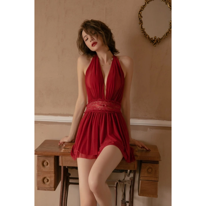 MARSiLYAN- Kadın Bordo Sırtı Açık Beli Dantelli Gecelik Takım