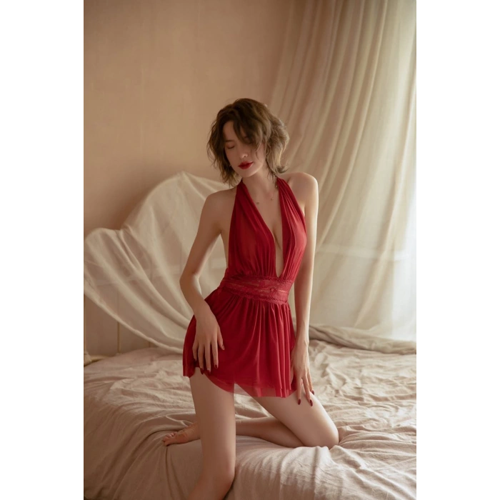 MARSiLYAN- Kadın Bordo Sırtı Açık Beli Dantelli Gecelik Takım