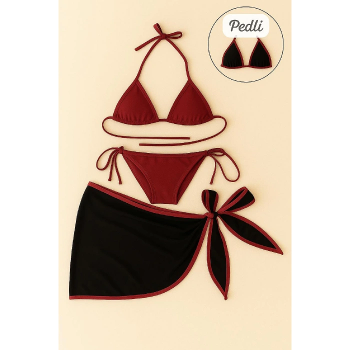 MARSiLYAN- Kadın Bordo Siyah Pareolu Yandan ve Boyundan Bağlamalı 3lü Bikini Takımı