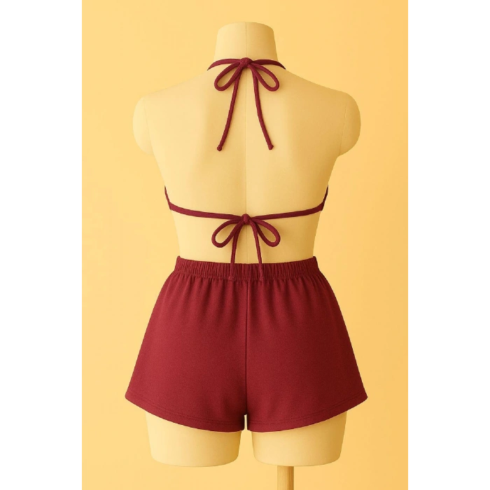 MARSiLYAN- Kadın Bordo Şortlu Belden ve Boyundan Bağlamalı Bikini Takımı
