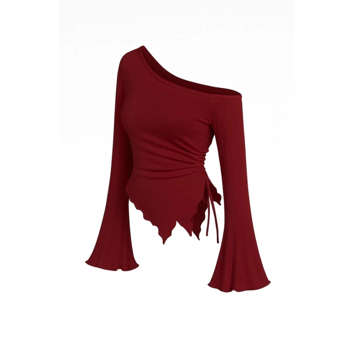 MARSiLYAN- Kadın Bordo Uzun İspanyol Kollu Asimetirik Yaka Yandan Bağlamalı Drapeli Bluz