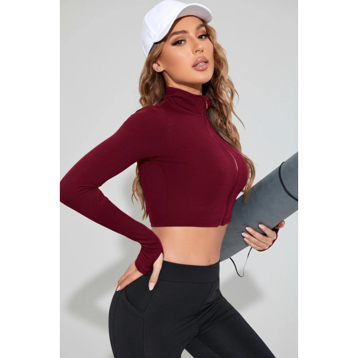 MARSiLYAN- Kadın Bordo Uzun Kol Fermuarlı Parmak Geçme Detaylı Dik Yaka Crop Top Bluz