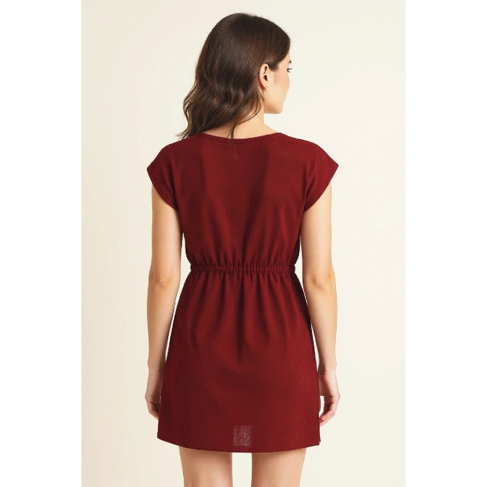 MARSiLYAN- Kadın Bordo Yanları Yırtmaçlı Tokalı V Yaka Mini Plaj Elbisesi