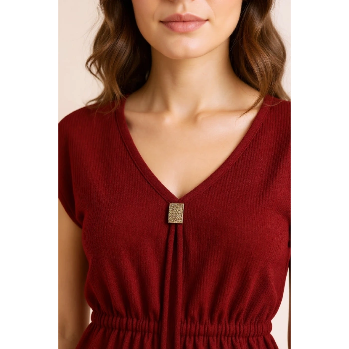 MARSiLYAN- Kadın Bordo Yanları Yırtmaçlı Tokalı V Yaka Mini Plaj Elbisesi