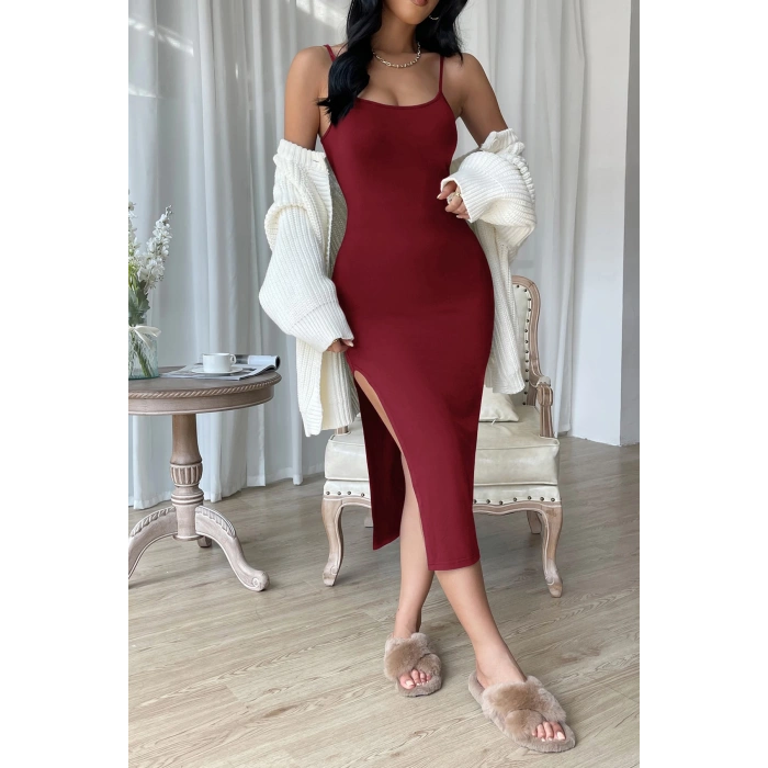 MARSiLYAN- Kadın Bordo Yırtmaçlı Diz Altı Vücüdu Saran Gecelik