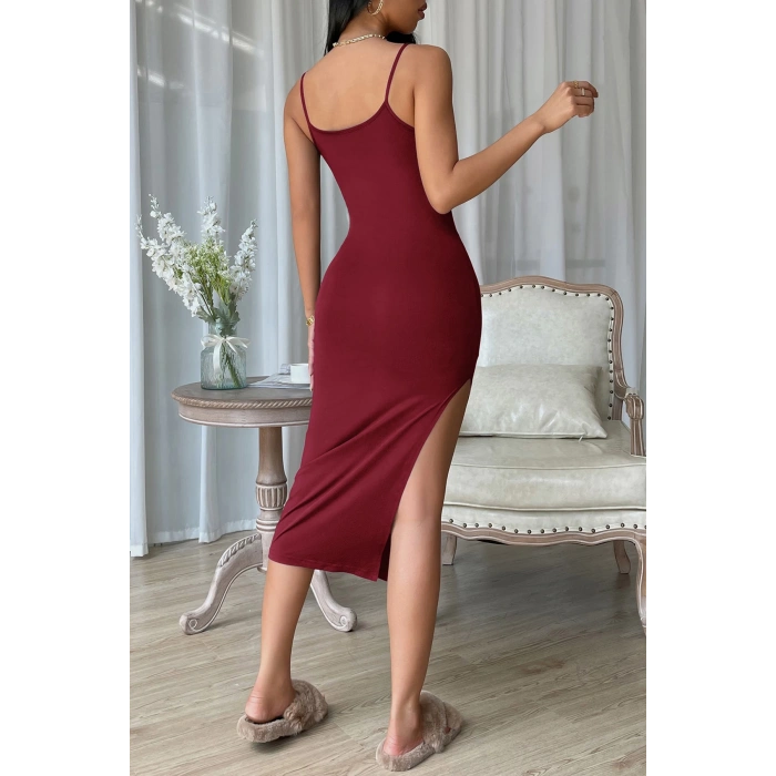 MARSiLYAN- Kadın Bordo Yırtmaçlı Diz Altı Vücüdu Saran Gecelik