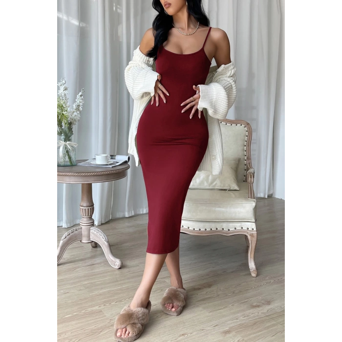 MARSiLYAN- Kadın Bordo Yırtmaçlı Diz Altı Vücüdu Saran Gecelik