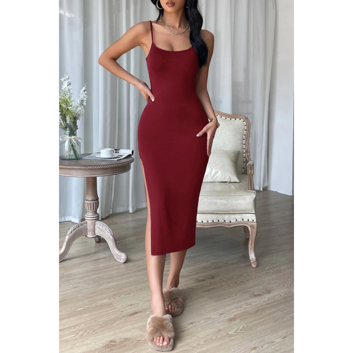 MARSiLYAN- Kadın Bordo Yırtmaçlı Diz Altı Vücüdu Saran Gecelik