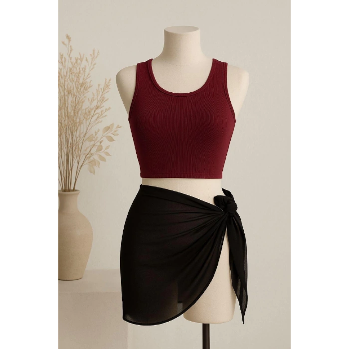 MARSiLYAN- Kadın Bordo Yuvarlak Yaka Crop ve Siyah Pareo 2li Set
