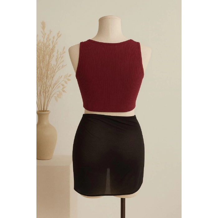 MARSiLYAN- Kadın Bordo Yuvarlak Yaka Crop ve Siyah Pareo 2li Set