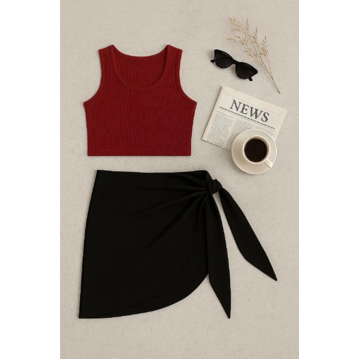 MARSiLYAN- Kadın Bordo Yuvarlak Yaka Crop ve Siyah Pareo 2li Set