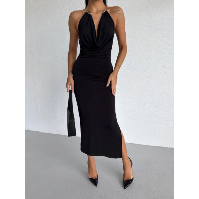 MARSiLYAN- Kadın Boyun Aksesuarlı Halter Yaka Maxi Boy Sandy Kumaş Elbise