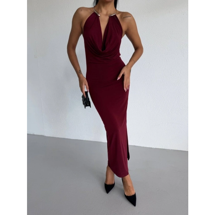 MARSiLYAN- Kadın Boyun Aksesuarlı Halter Yaka Maxi Boy Sandy Kumaş Elbise