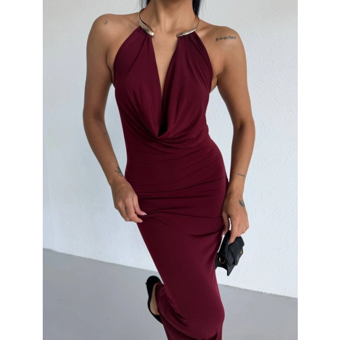 MARSiLYAN- Kadın Boyun Aksesuarlı Halter Yaka Maxi Boy Sandy Kumaş Elbise