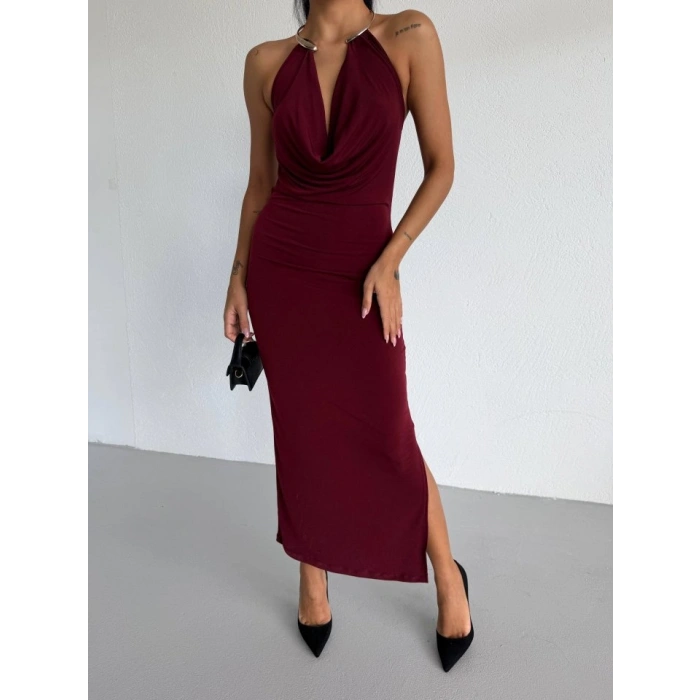 MARSiLYAN- Kadın Boyun Aksesuarlı Halter Yaka Maxi Boy Sandy Kumaş Elbise