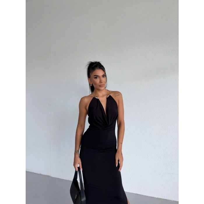 MARSiLYAN- Kadın Boyun Aksesuarlı Halter Yaka Maxi Boy Sandy Kumaş Elbise