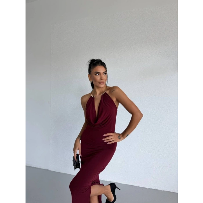 MARSiLYAN- Kadın Boyun Aksesuarlı Halter Yaka Maxi Boy Sandy Kumaş Elbise