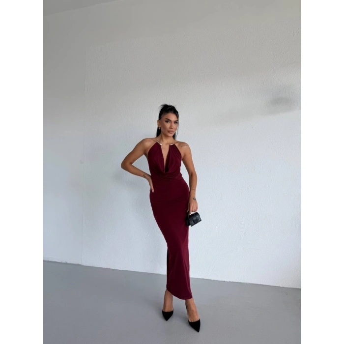 MARSiLYAN- Kadın Boyun Aksesuarlı Halter Yaka Maxi Boy Sandy Kumaş Elbise