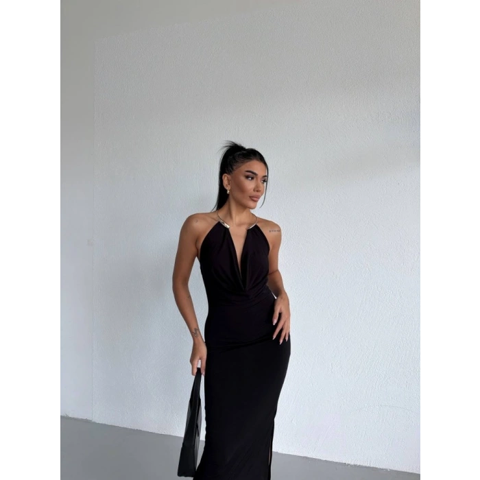 MARSiLYAN- Kadın Boyun Aksesuarlı Halter Yaka Maxi Boy Sandy Kumaş Elbise