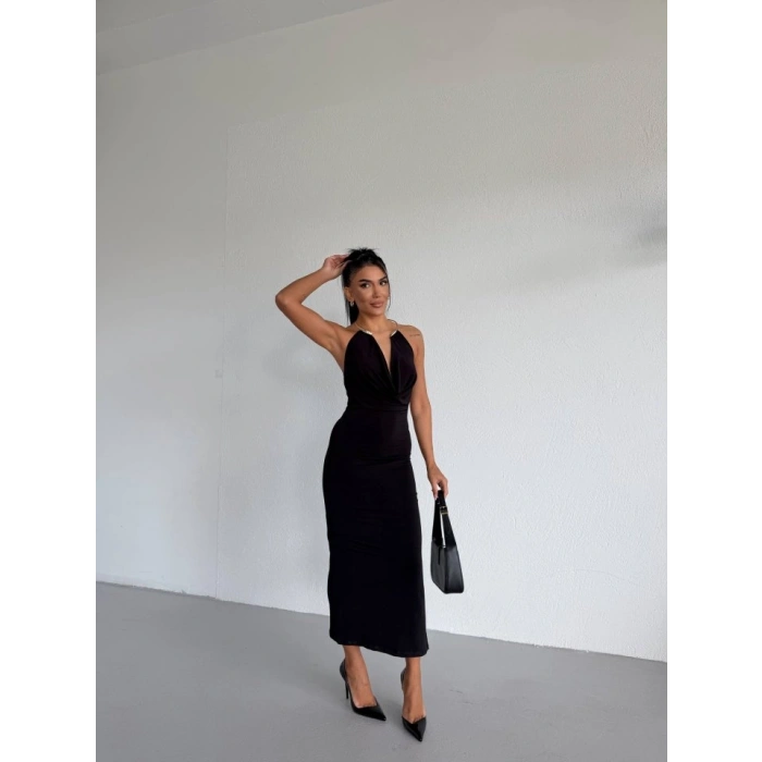 MARSiLYAN- Kadın Boyun Aksesuarlı Halter Yaka Maxi Boy Sandy Kumaş Elbise