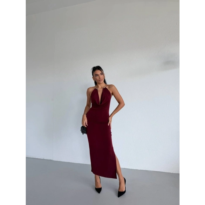 MARSiLYAN- Kadın Boyun Aksesuarlı Halter Yaka Maxi Boy Sandy Kumaş Elbise